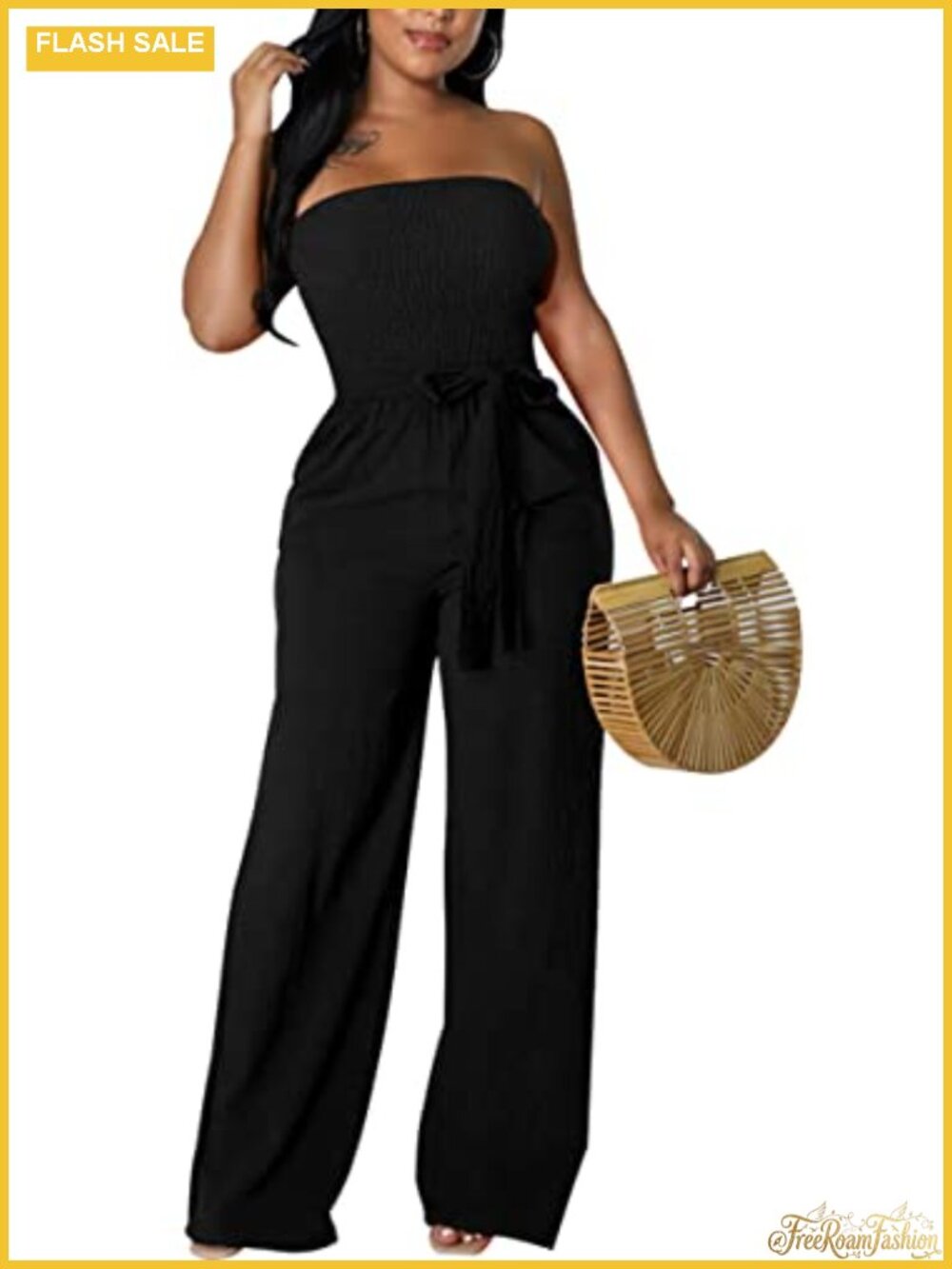 Women's Strapless Smocked Tube Top Wide Leg Jumpsuit with Pockets